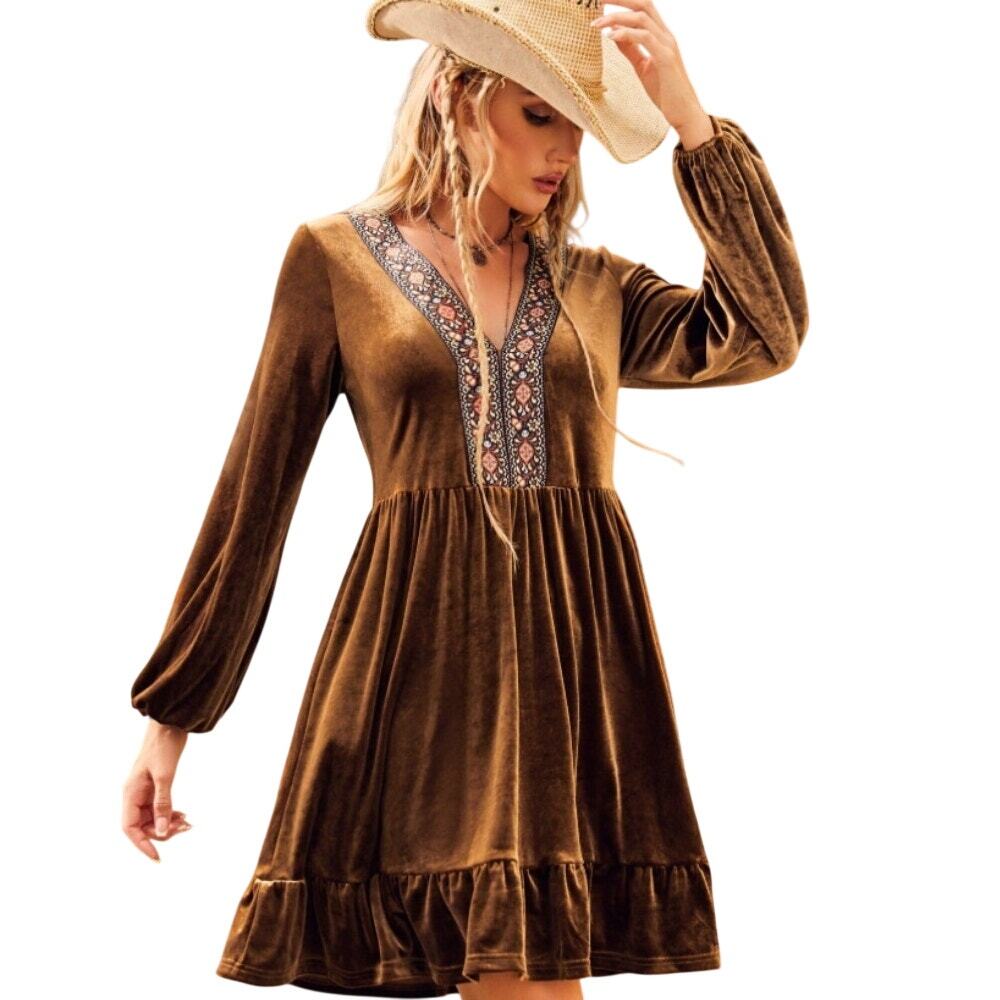 Luukse Velour Mini Dress Womens Small Copper Ribbon Trim Tiered Luxe Soft Party